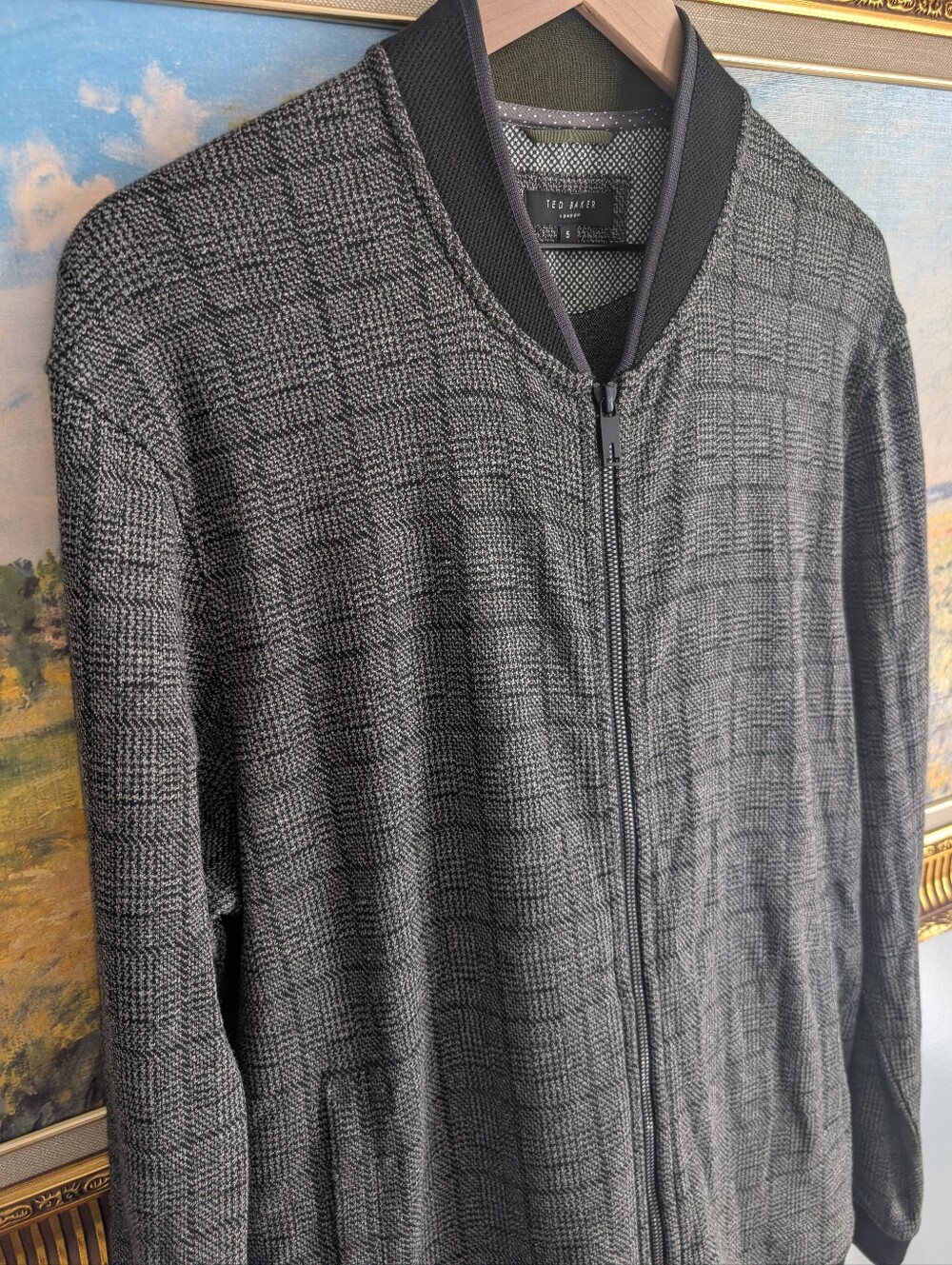 Ted Baker Charcoal Checked Zip-Up Knit Bomber Jacket Size 5
